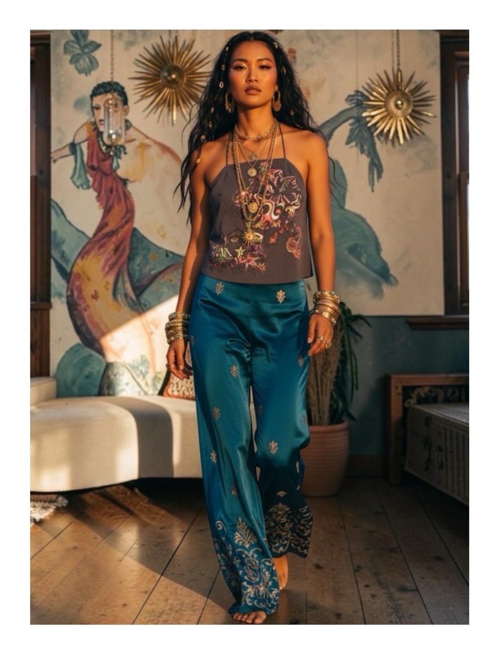 new La Rok Luxe ༄ Braided Lurex Straps Graffiti Print Silk Cami Top ༄ Gunmetal
